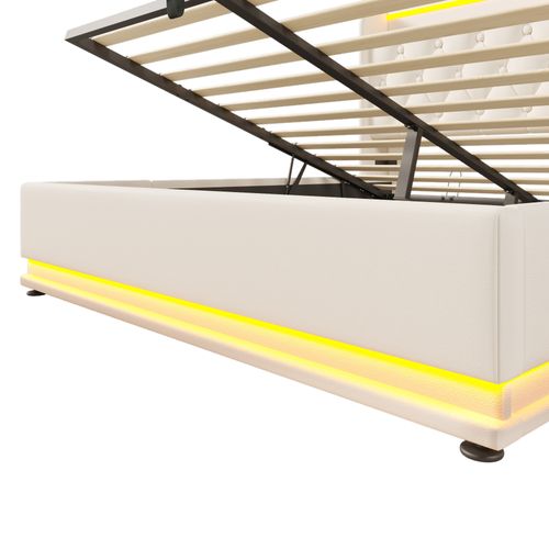 Lit Adulte 160x200cm, Lit Double, Lit Coffre Avec LED, Port USB Et Type-c, Pu, Blanc