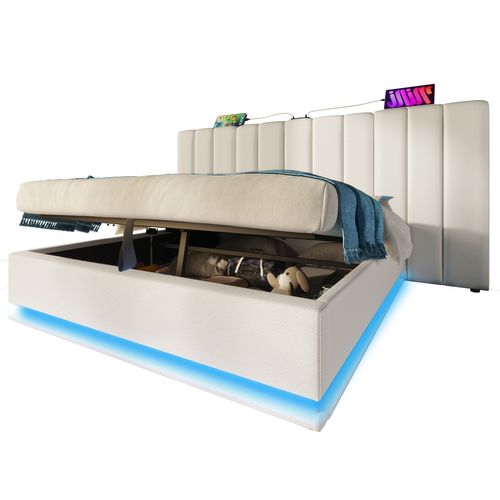 Lit Coffre Adulte 160×200 Cm, Lit 2 Place Avec Éclairage LED Et Chargement USB-c, Pu, ​​blanc