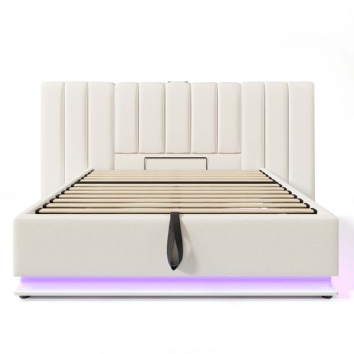 Lit Coffre Adulte 160×200 Cm, Lit 2 Place Avec Éclairage LED Et Chargement USB-c, Pu, ​​blanc