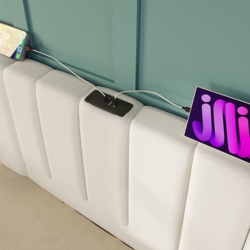 Lit Coffre Adulte 160×200 Cm, Lit 2 Place Avec Éclairage LED Et Chargement USB-c, Pu, ​​blanc