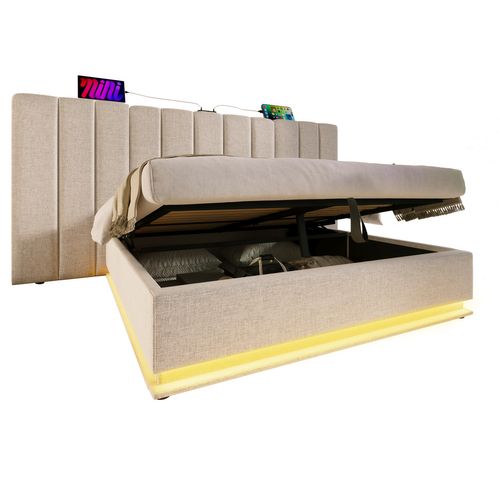 Lit Coffre Adulte 160×200 Cm, Lit 2 Place Avec Éclairage LED Et Chargement USB-c, Lin, Beige