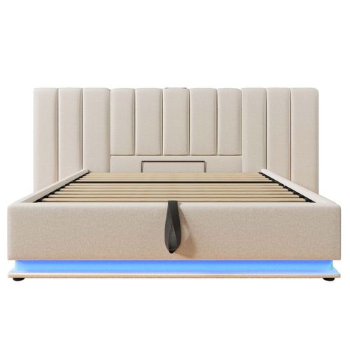 Lit Coffre Adulte 160×200 Cm, Lit 2 Place Avec Éclairage LED Et Chargement USB-c, Lin, Beige