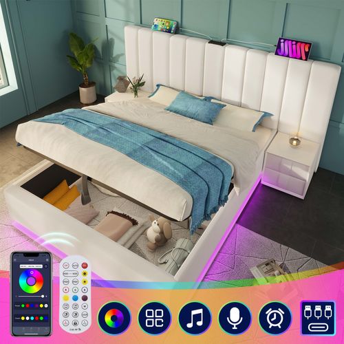 Lit Coffre Adulte 180×200 Cm, Lit 2 Place Avec Éclairage LED Et Chargement USB-c, Pu, ​​blanc