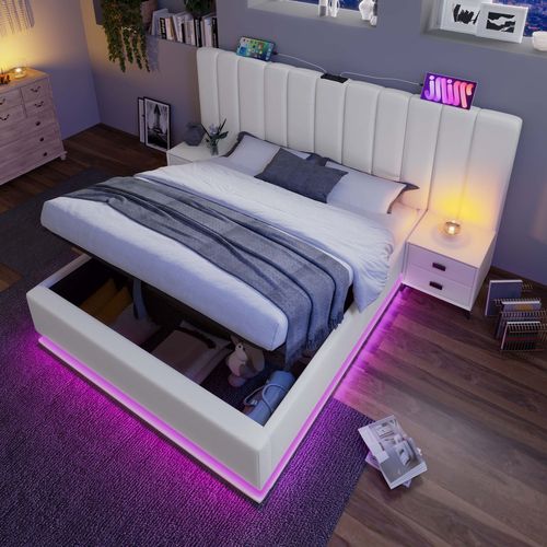 Lit Coffre Adulte 180×200 Cm, Lit 2 Place Avec Éclairage LED Et Chargement USB-c, Pu, ​​blanc