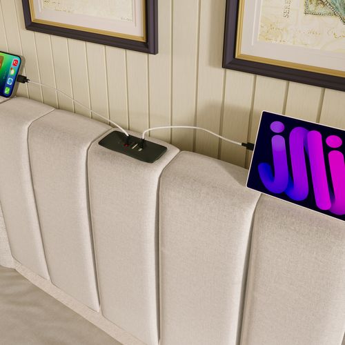 Lit Coffre Adulte 180×200 Cm, Lit 2 Place Avec Éclairage LED Et Chargement USB-c, Lin, Beige