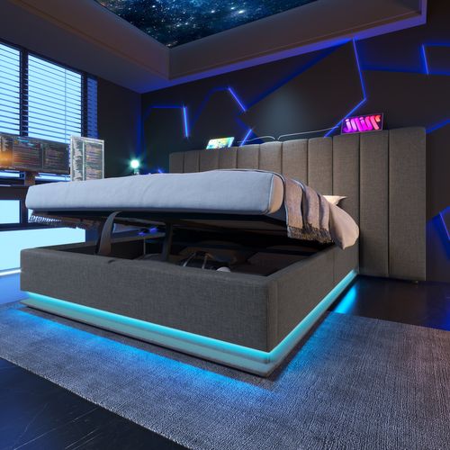 Lit Coffre Adulte 180×200 Cm, Lit 2 Place Avec Éclairage LED Et Chargement USB-c, Lin, Gris