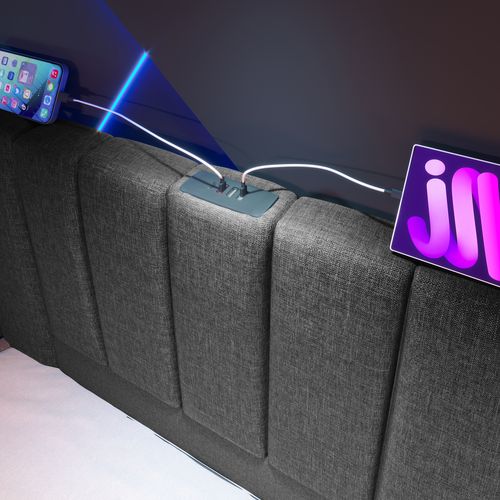 Lit Coffre Adulte 180×200 Cm, Lit 2 Place Avec Éclairage LED Et Chargement USB-c, Lin, Gris