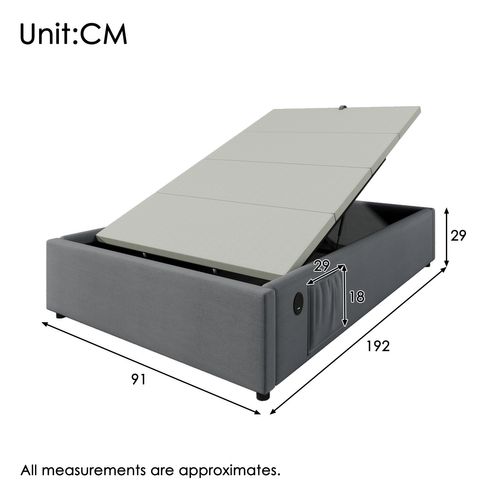 Lit Enfant Lit Jeune 90x190 Cm, Avec Chargement USB-c Et Poches De Rangement, Coton Et Lin, Gris