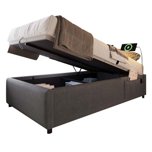 Lit Enfant Lit Jeune 90x190 Cm, Avec Chargement USB-c Et Poches De Rangement, Coton Et Lin, Gris