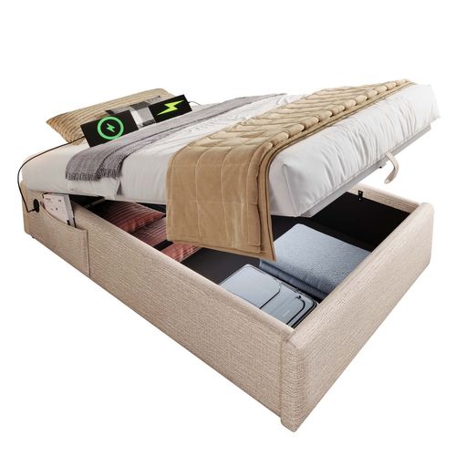Lit Enfant Lit Jeune 90x200 Cm, Avec Chargement USB-c Et Poches De Rangement, Lin, Beige
