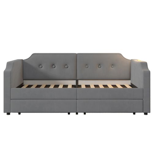 Lit Enfant Lit Jeune 90x200 Cm Avec Tiroirs, Lampe De Lecture Et De Chargement USB-c, Velours, Gris