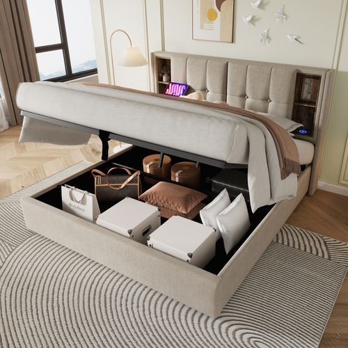 Lit Adulte Lit Coffre 180 X 200 Cm Avec Chargement Sans Fil USB-c, Sommier à Lattes, Lin Naturel