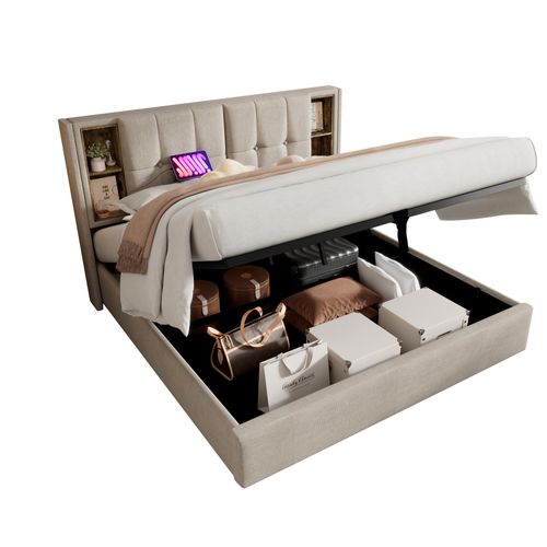 Lit Adulte Lit Coffre 180 X 200 Cm Avec Chargement Sans Fil USB-c, Sommier à Lattes, Lin Naturel