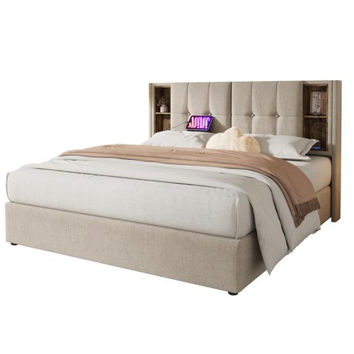 Lit Adulte Lit Coffre 180 X 200 Cm Avec Chargement Sans Fil USB-c, Sommier à Lattes, Lin Naturel