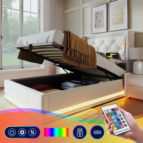 Lit Coffre Enfant 90x200cm, Lit 1 Place Hydraulique Avec Chargement USB Type-c Et LED, Coton, Beige