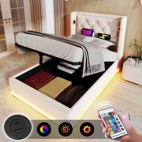 Lit Coffre Enfant 90x200cm, Lit 1 Place Hydraulique Avec Chargement USB Type-c Et LED, Coton, Beige