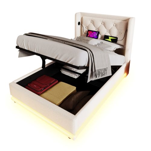 Lit Coffre Enfant 90x200cm, Lit 1 Place Hydraulique Avec Chargement USB Type-c Et LED, Coton, Beige