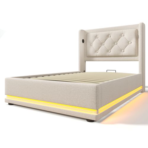 Lit Coffre Enfant 90x200cm, Lit 1 Place Hydraulique Avec Chargement USB Type-c Et LED, Coton, Beige