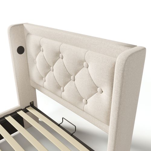 Lit Coffre Enfant 90x200cm, Lit 1 Place Hydraulique Avec Chargement USB Type-c Et LED, Coton, Beige