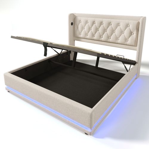 Lit Coffre Adulte 180x200cm, Lit 2 Place Hydraulique Avec Chargement USB Type-c Et LED, Coton, Beige