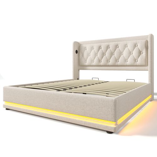 Lit Coffre Adulte 180x200cm, Lit 2 Place Hydraulique Avec Chargement USB Type-c Et LED, Coton, Beige