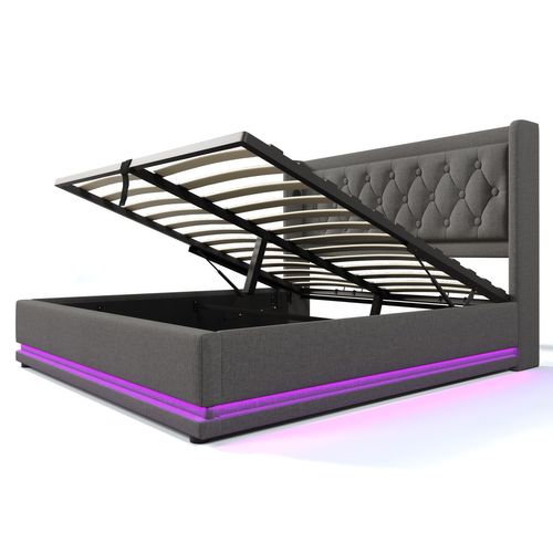 Lit Coffre Adulte 140x200 Cm, Lit 2 Place Hydraulique Avec Chargement USB Type-c Et LED, Coton, Gris