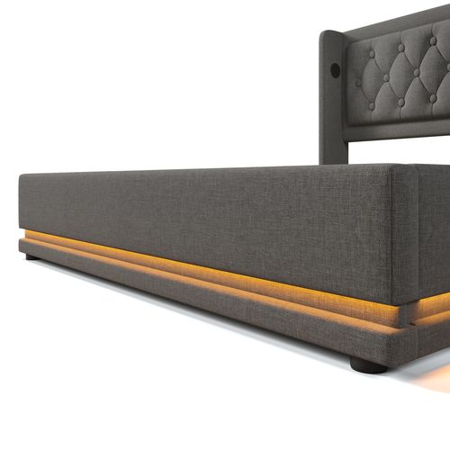 Lit Coffre Adulte 140x200 Cm, Lit 2 Place Hydraulique Avec Chargement USB Type-c Et LED, Coton, Gris