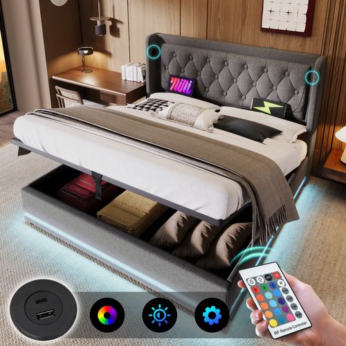 Lit Coffre Adulte 160x200 Cm, Lit 2 Place Hydraulique Avec Chargement USB Type-c Et LED, Coton, Gris