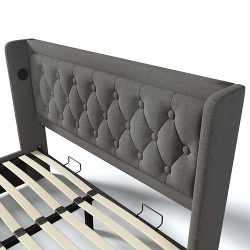 Lit Coffre Adulte 160x200 Cm, Lit 2 Place Hydraulique Avec Chargement USB Type-c Et LED, Coton, Gris