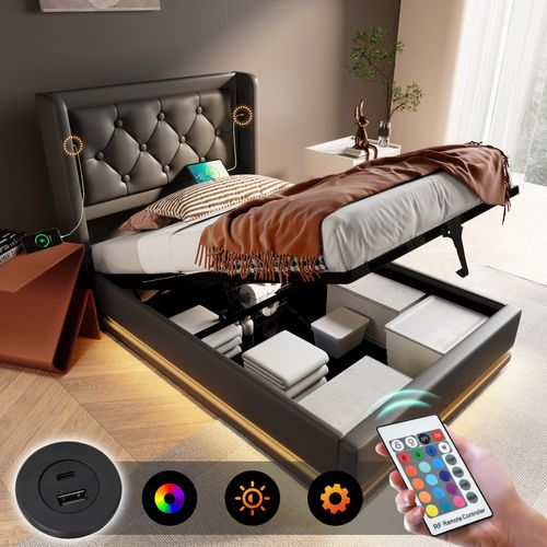 Lit Coffre Enfant 90x200 Cm, Lit 1 Place Hydraulique Avec Chargement USB Type-c Et LED, Pu, Noir