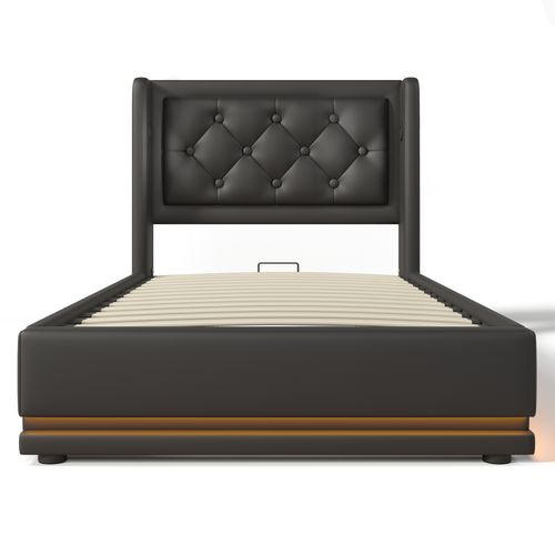 Lit Coffre Enfant 90x200 Cm, Lit 1 Place Hydraulique Avec Chargement USB Type-c Et LED, Pu, Noir