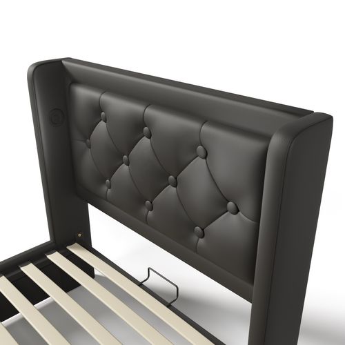 Lit Coffre Enfant 90x200 Cm, Lit 1 Place Hydraulique Avec Chargement USB Type-c Et LED, Pu, Noir