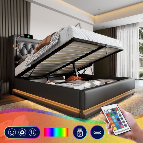 Lit Coffre Adulte 180x200 Cm, Lit 2 Place Hydraulique Avec Chargement USB Type-c Et LED, Pu, Noir