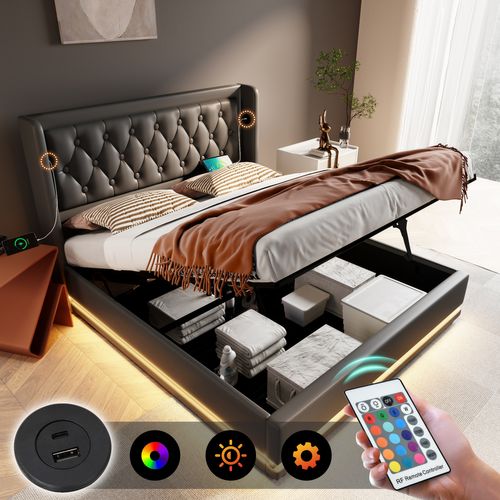 Lit Coffre Adulte 180x200 Cm, Lit 2 Place Hydraulique Avec Chargement USB Type-c Et LED, Pu, Noir