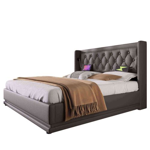 Lit Coffre Adulte 180x200 Cm, Lit 2 Place Hydraulique Avec Chargement USB Type-c Et LED, Pu, Noir