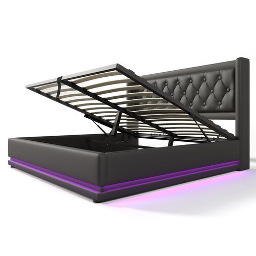 Lit Coffre Adulte 180x200 Cm, Lit 2 Place Hydraulique Avec Chargement USB Type-c Et LED, Pu, Noir