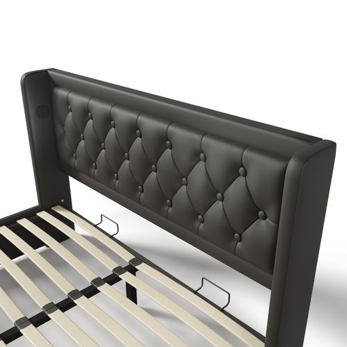 Lit Coffre Adulte 180x200 Cm, Lit 2 Place Hydraulique Avec Chargement USB Type-c Et LED, Pu, Noir