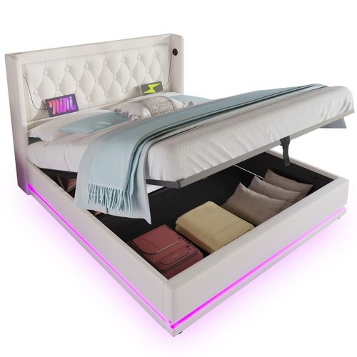 Lit Coffre Adulte 160x200 Cm, Lit 2 Place Hydraulique Avec Chargement USB Type-c Et LED, Pu, Blanc