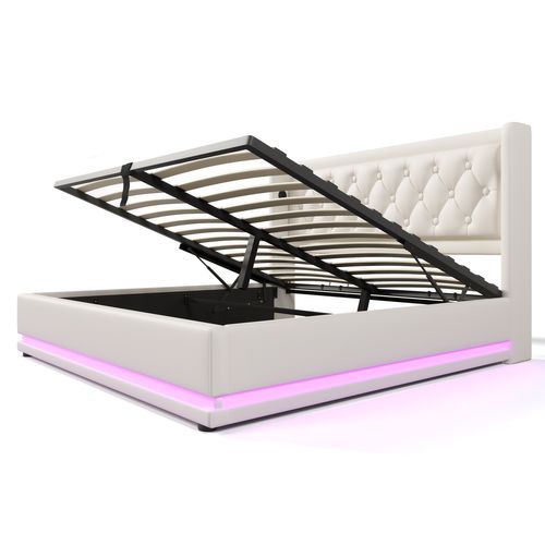 Lit Coffre Adulte 160x200 Cm, Lit 2 Place Hydraulique Avec Chargement USB Type-c Et LED, Pu, Blanc