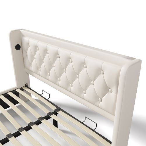 Lit Coffre Adulte 160x200 Cm, Lit 2 Place Hydraulique Avec Chargement USB Type-c Et LED, Pu, Blanc