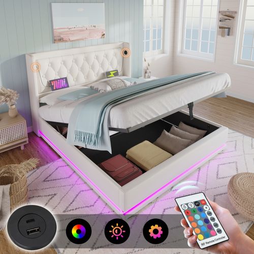 Lit Coffre Adulte 180x200 Cm, Lit 2 Place Hydraulique Avec Chargement USB Type-c Et LED, Pu, Blanc