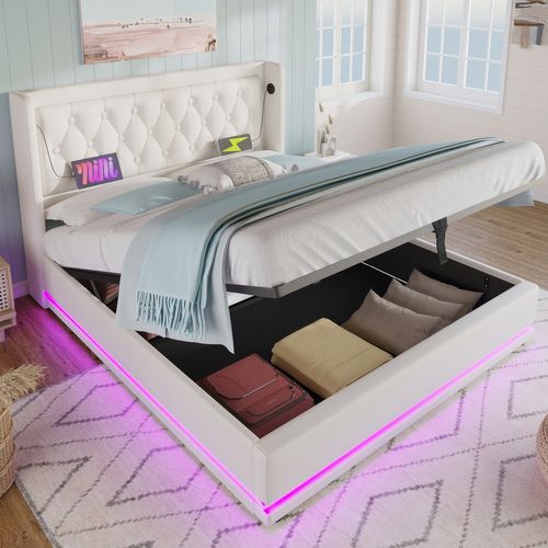 Lit Coffre Adulte 180x200 Cm, Lit 2 Place Hydraulique Avec Chargement USB Type-c Et LED, Pu, Blanc