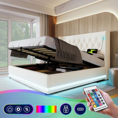 Lit Coffre Adulte 180x200 Cm, Lit 2 Place Hydraulique Avec Chargement USB Type-c Et LED, Pu, Blanc