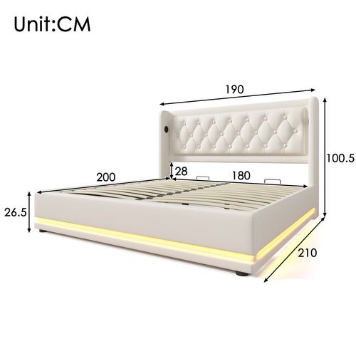 Lit Coffre Adulte 180x200 Cm, Lit 2 Place Hydraulique Avec Chargement USB Type-c Et LED, Pu, Blanc