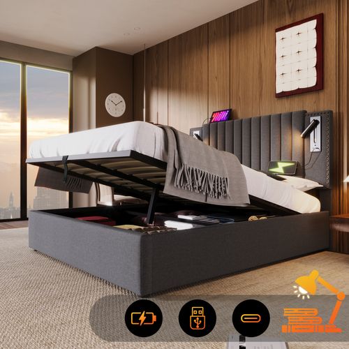 Lit Coffre Lit 180x200, Lit 2 Place Avec Chargeur USB, Lampe De Lecture, Design Rivet, Coton, Gris