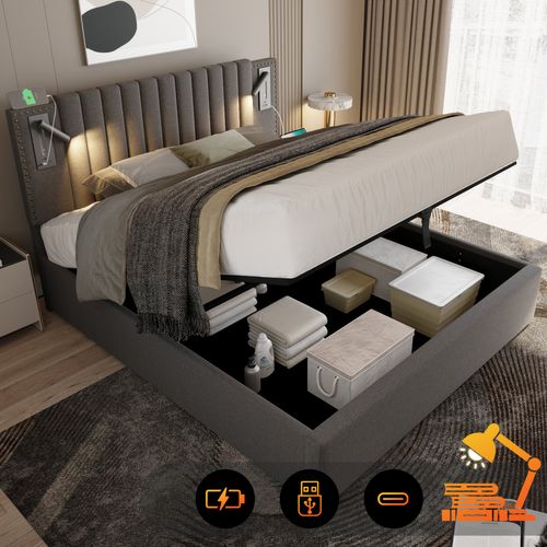 Lit Coffre Lit 180x200, Lit 2 Place Avec Chargeur USB, Lampe De Lecture, Design Rivet, Coton, Gris