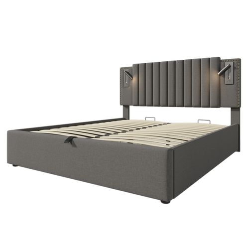 Lit Coffre Lit 180x200, Lit 2 Place Avec Chargeur USB, Lampe De Lecture, Design Rivet, Coton, Gris