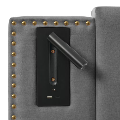 Lit Coffre Lit 180x200, Lit 2 Place Avec Chargeur USB, Lampe De Lecture, Design Rivet, Coton, Gris