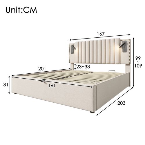 Lit Coffre Lit 160x200, Lit 2 Place Avec Chargeur USB, Lampe De Lecture, Design Rivet, Coton, Beige