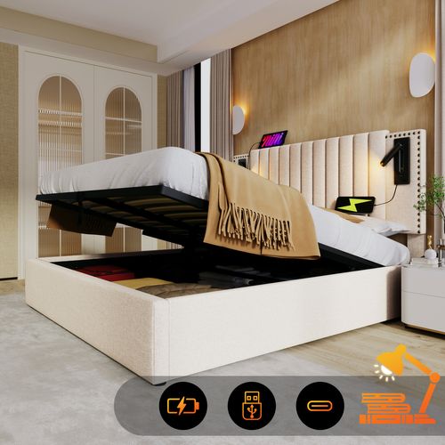 Lit Coffre Lit 160x200, Lit 2 Place Avec Chargeur USB, Lampe De Lecture, Design Rivet, Coton, Beige